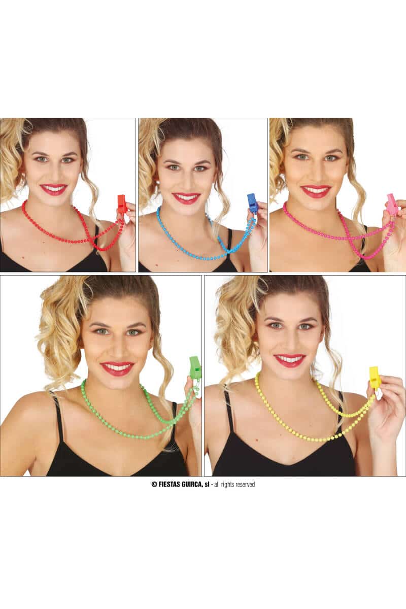 Neon Necklace With Whistle (Assorted) - 4pk