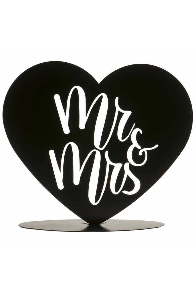 Metallic Balck Wedding Cake Topper Mr & Mrs Heart - 14.5cm