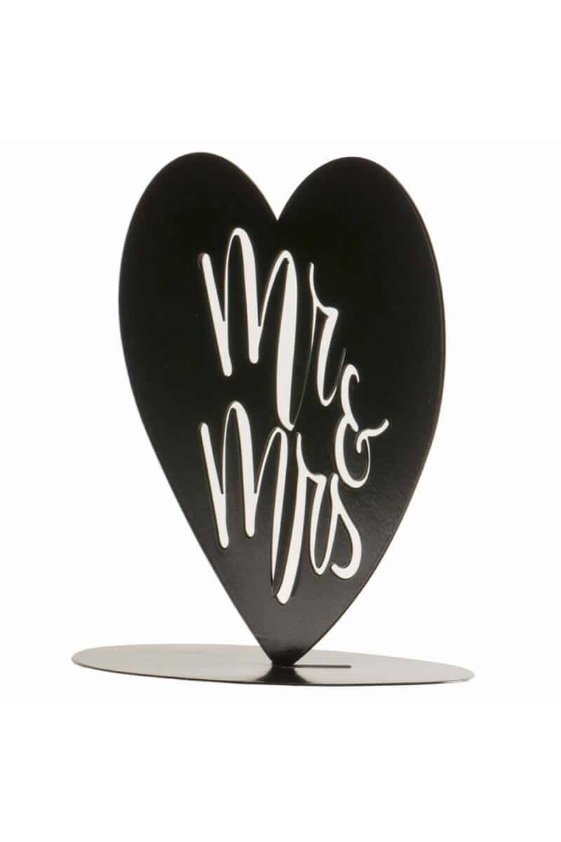 Metallic Balck Wedding Cake Topper Mr & Mrs Heart - 14.5cm