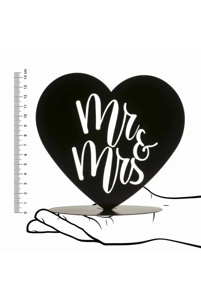 Metallic Balck Wedding Cake Topper Mr & Mrs Heart - 14.5cm