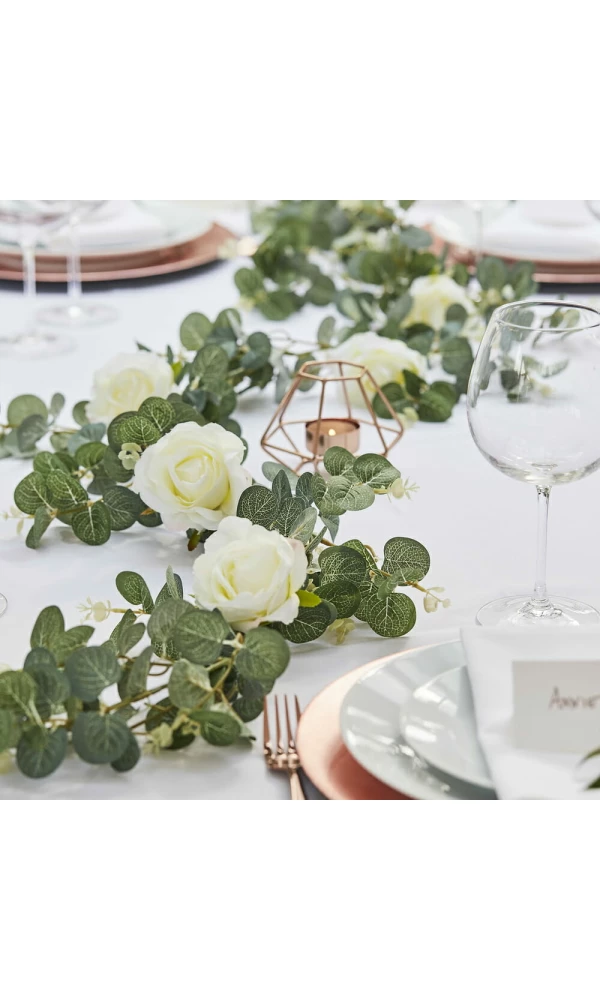 Artificial Eucalyptus Garland With White Roses