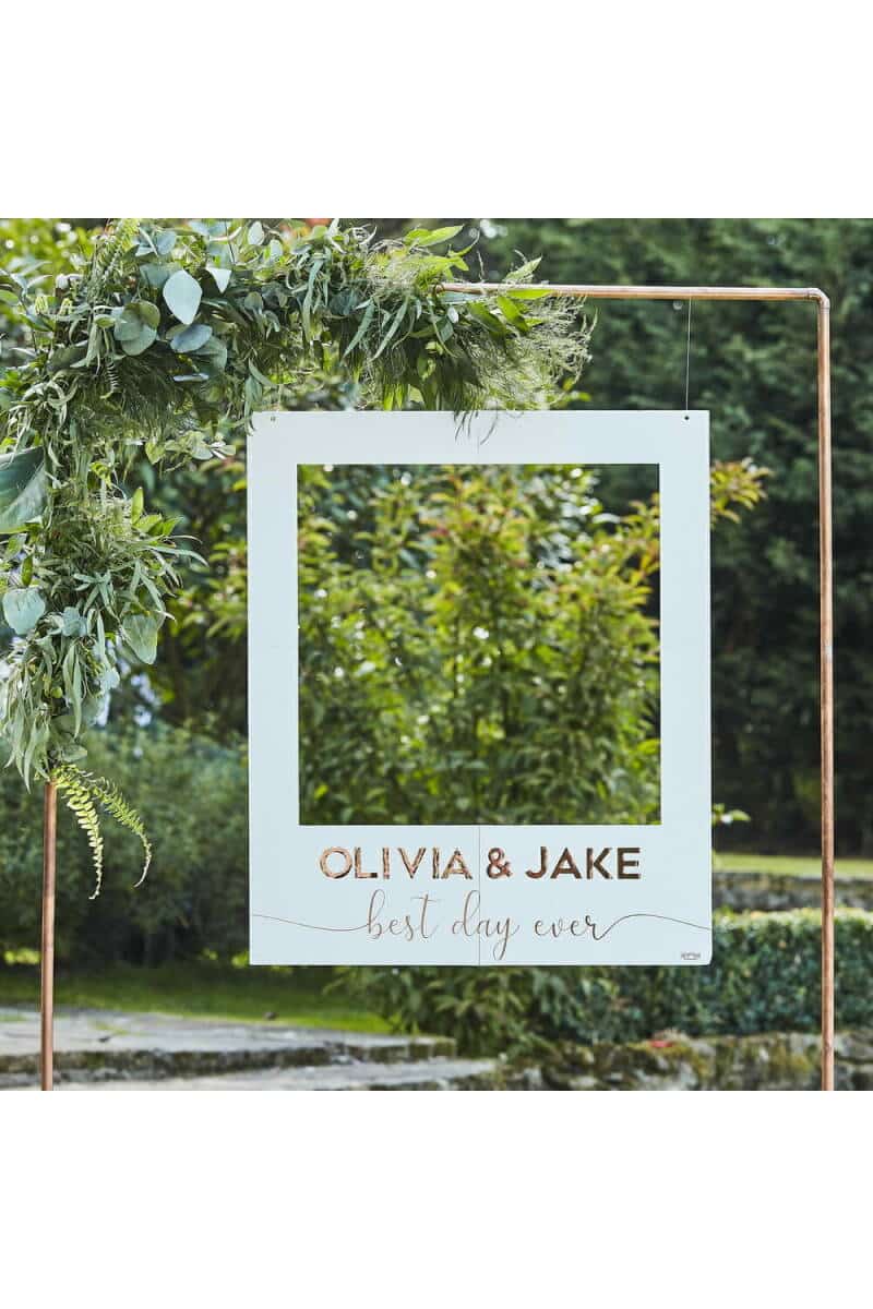 White And Rose Gold Personalised Wedding Photo Booth Frame