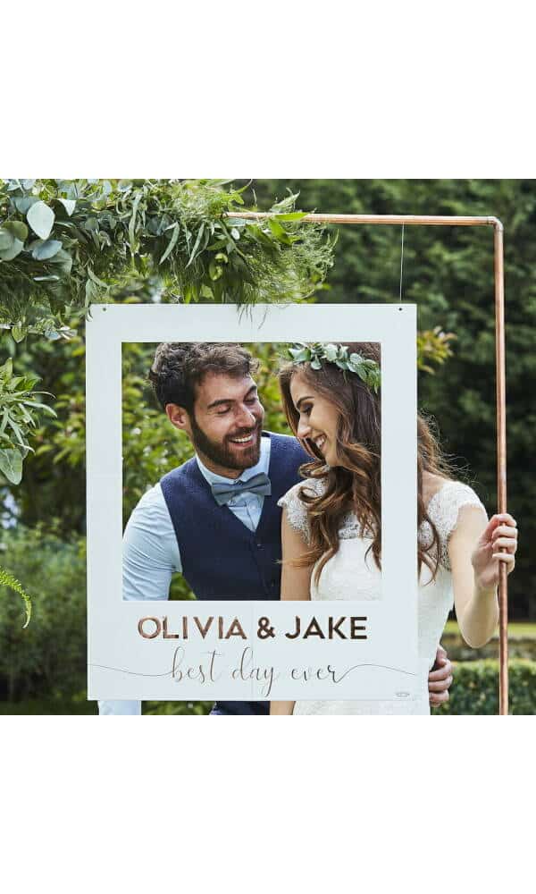 White And Rose Gold Personalised Wedding Photo Booth Frame