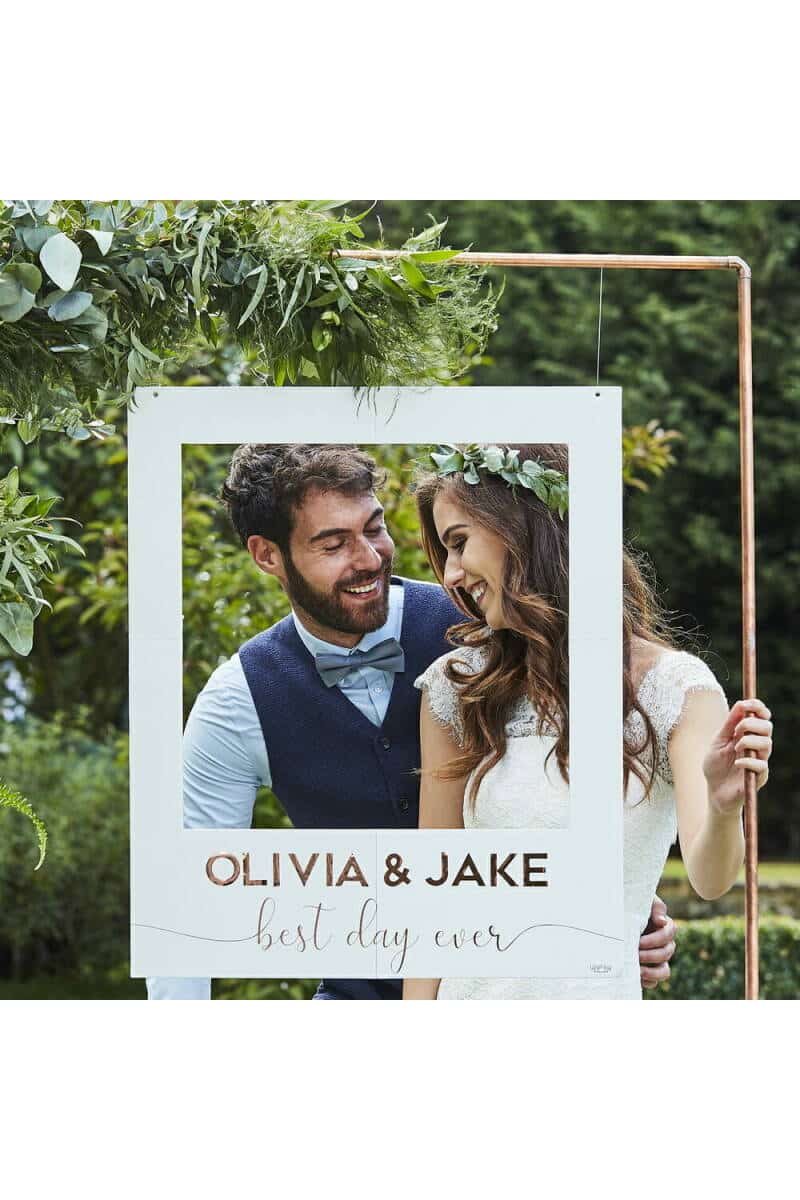 White And Rose Gold Personalised Wedding Photo Booth Frame