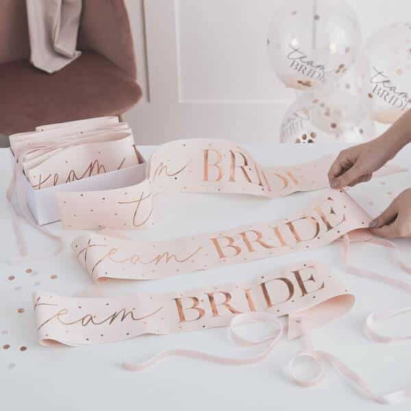 Pink and Rose Gold Team Bride Hen Party Sashes 6 Pack