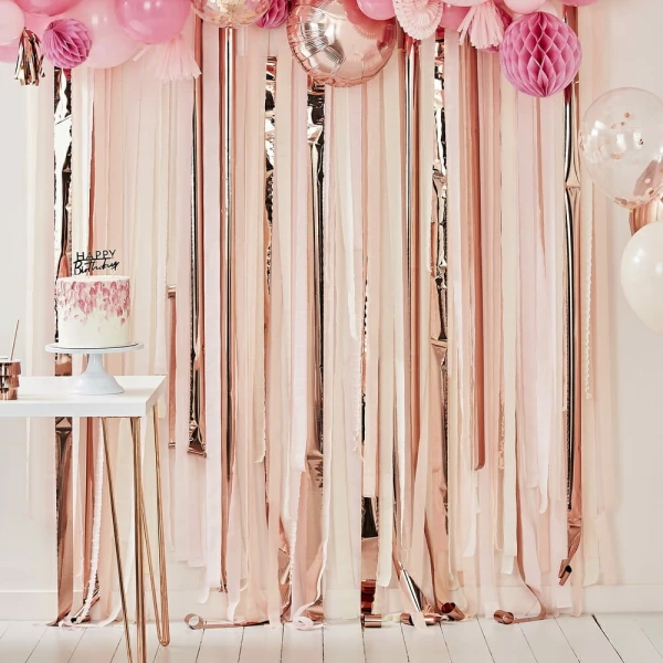 Pink And Rose Gold Party Streamers Backdrop