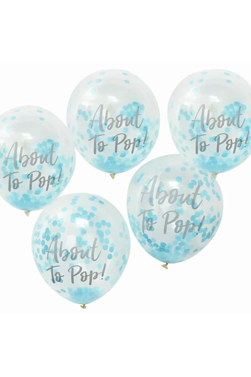 About To Pop! Blue Baby Shower 12"" Confetti Latex Balloons - 5pk