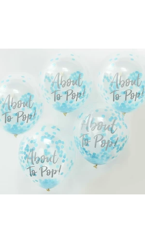 About To Pop! Blue Baby Shower 12"" Confetti Latex Balloons - 5pk