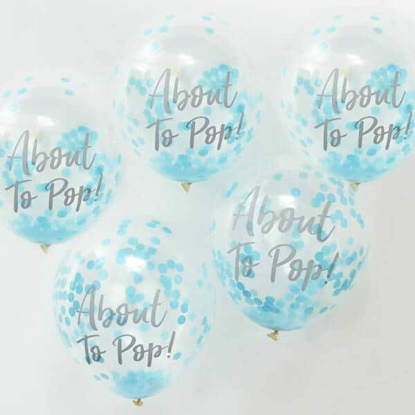 About To Pop! Blue Baby Shower 12"" Confetti Latex Balloons - 5pk