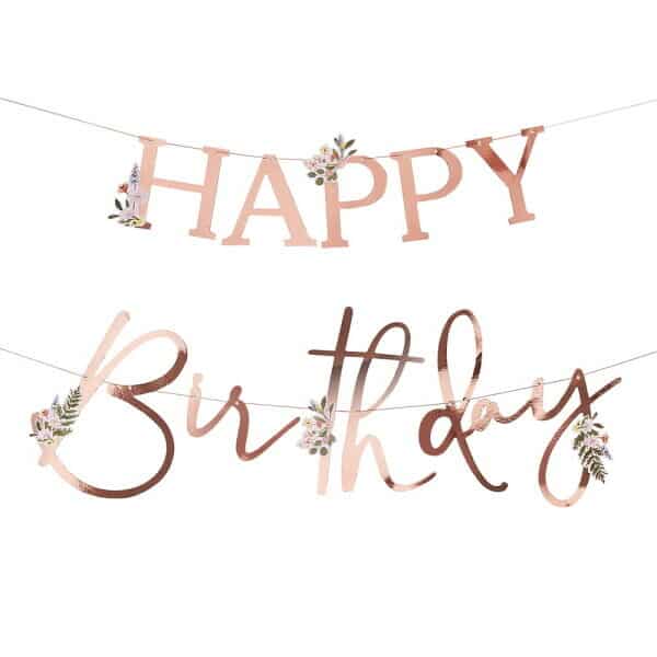 Floral Rose Gold Happy Birthday Banner