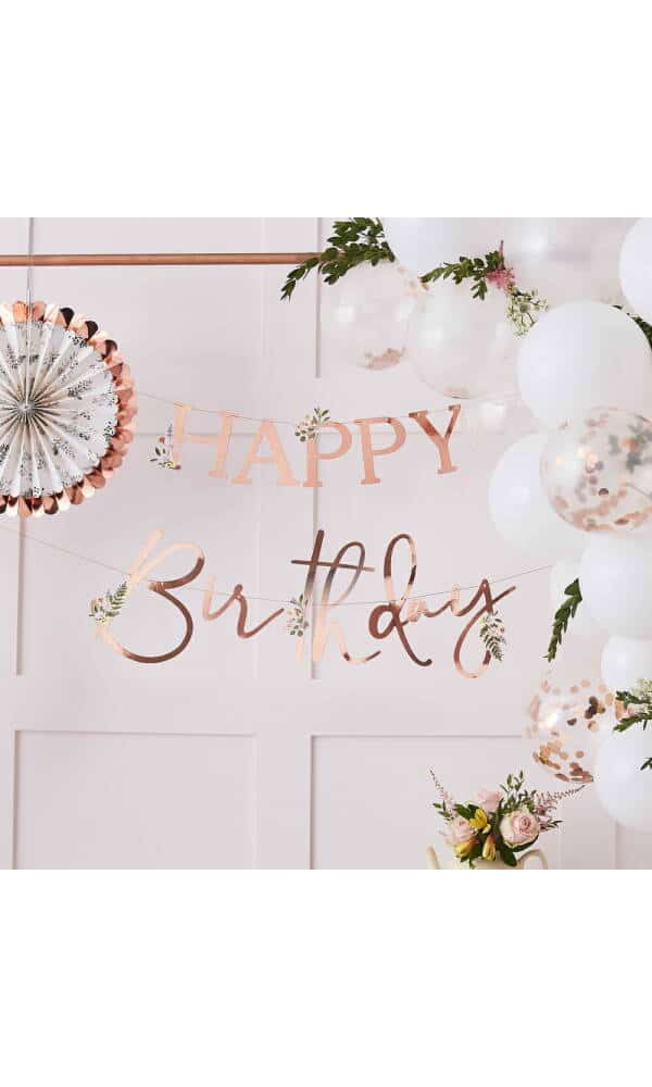 Floral Rose Gold Happy Birthday Banner