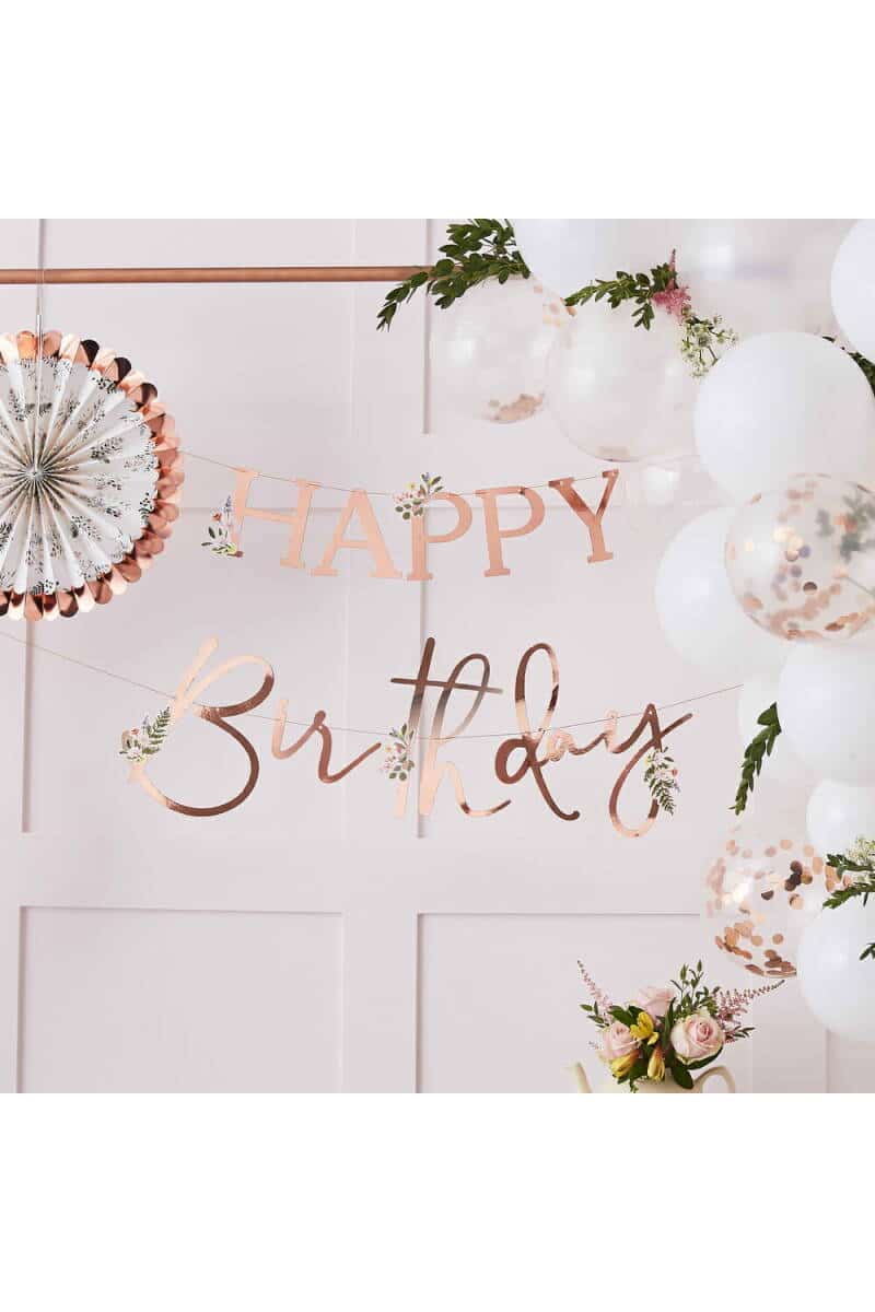 Floral Rose Gold Happy Birthday Banner