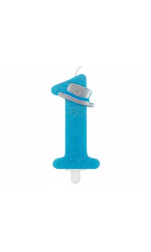 First Birthday Blue Glitter candle 9cm