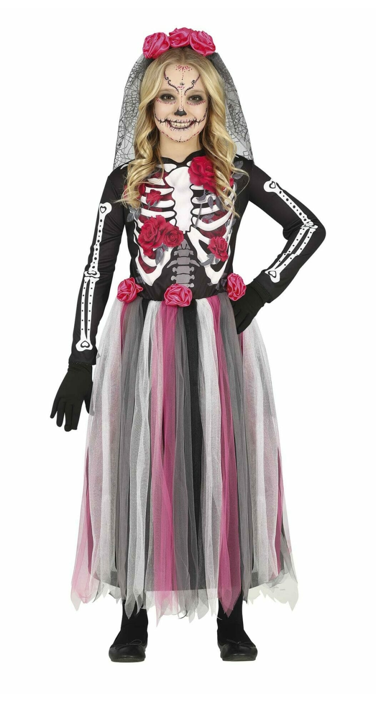 Pink Day of the Dead Girl with Flowers Headband - Age 7 to 9 Years