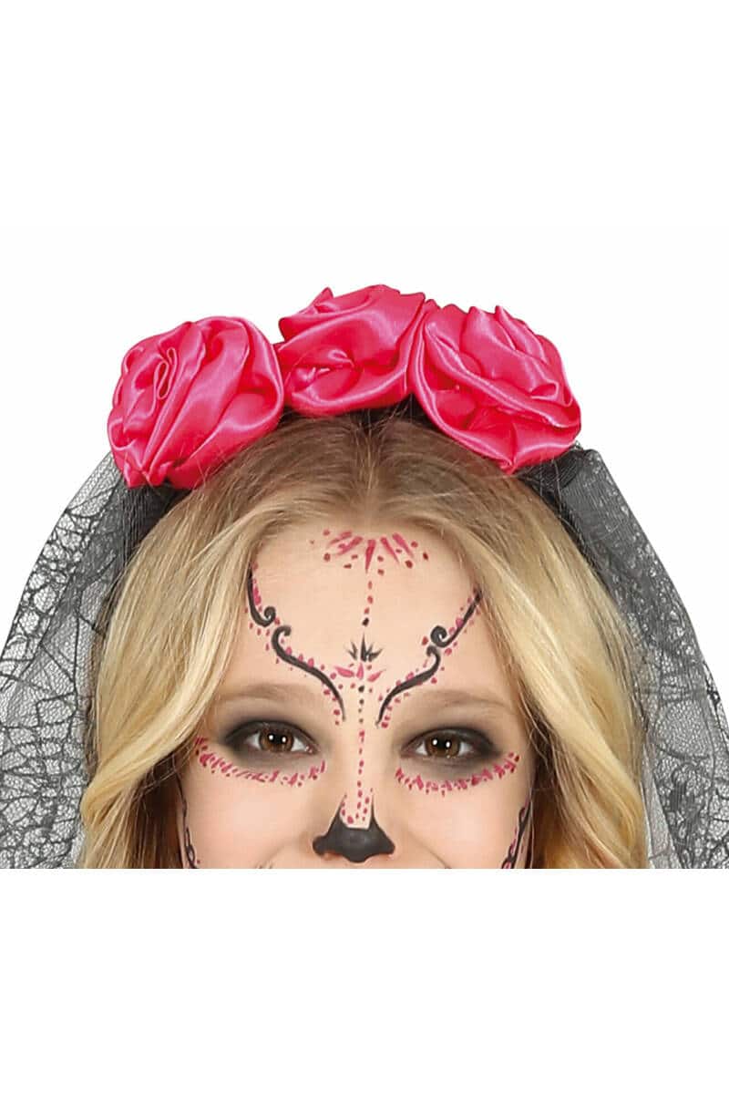 Pink Day of the Dead Girl with Flowers Headband - Age 10 to 12 Years