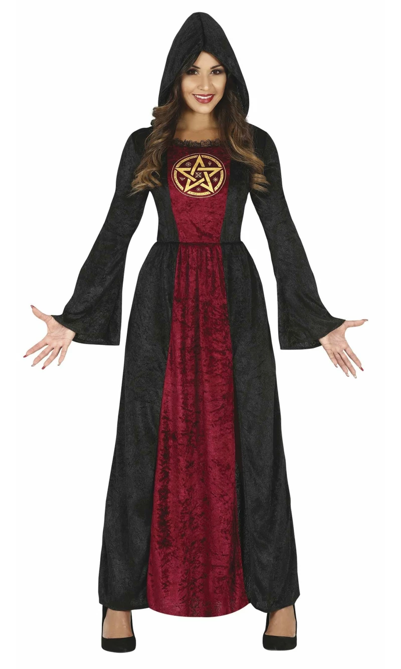 Satanic Priestess Lady Black & Red Hooded Dress - Adult Size Medium (10-12)
