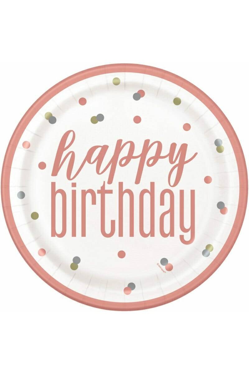 Glitz Rose Gold Birthday Round 9" Paper Plates - 8pk