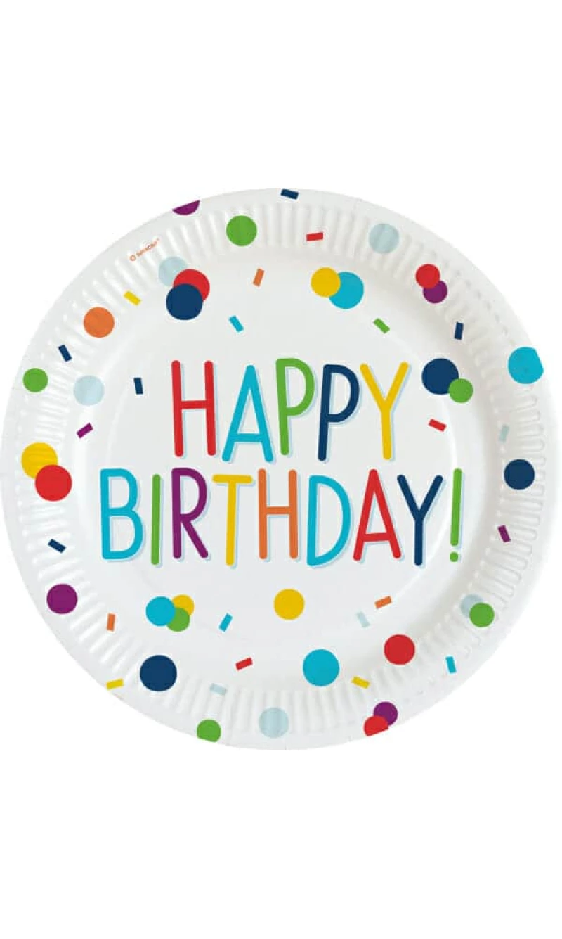 Confetti Birthday Round Paper Plates 23cm - 8pk