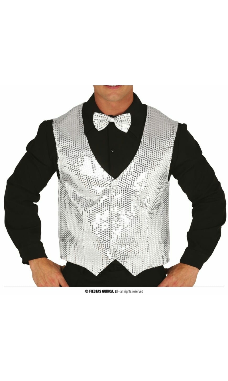 Man Silver Sequin Waistcoat - Adult One Size
