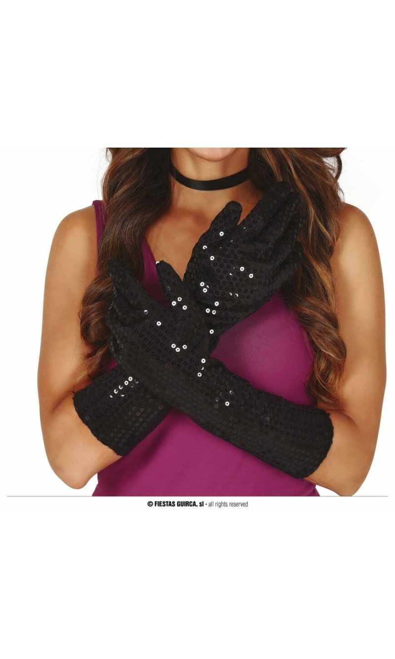 Black Sequin Gloves - 39cm 