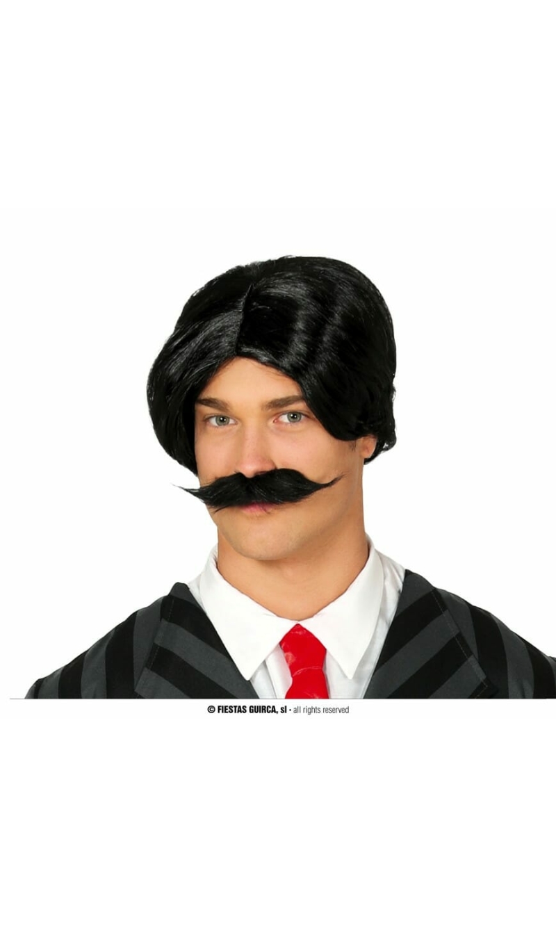 Black Wig With Moustache - Adult One Size