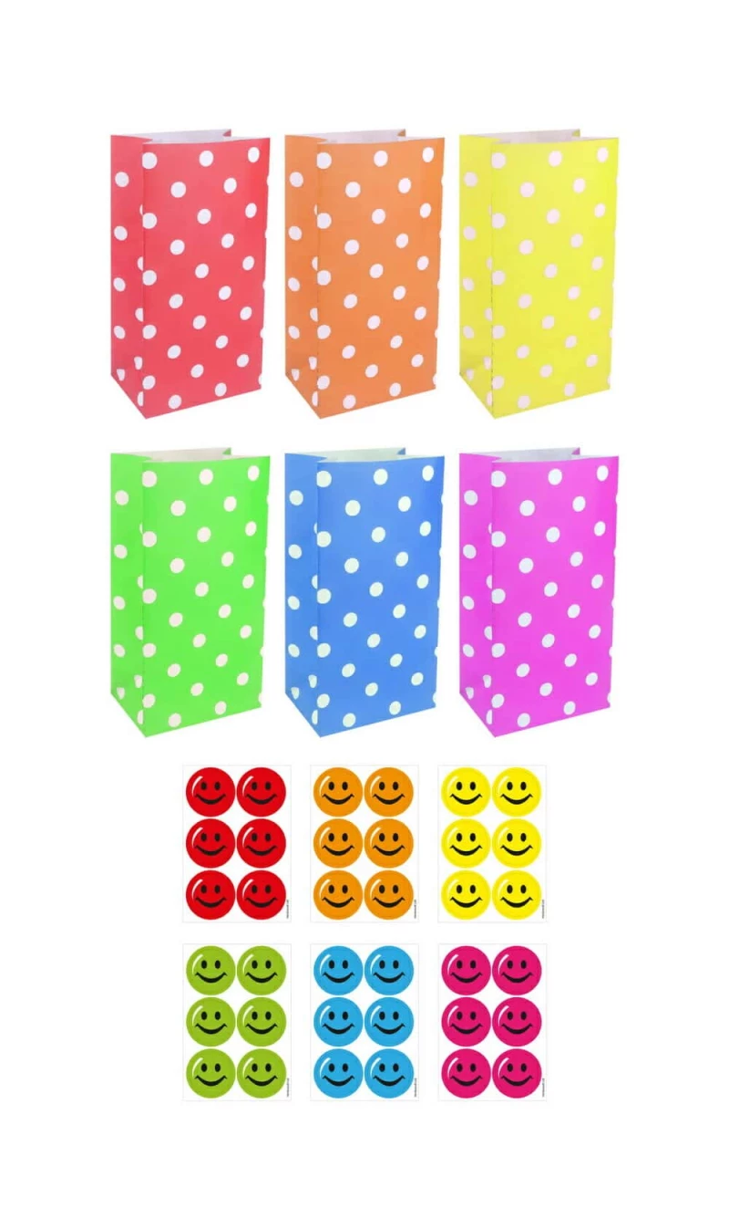 Polka Dot Paper Party Bags with Smiley Face Stickers (6 Assorted Colours) - 12pk