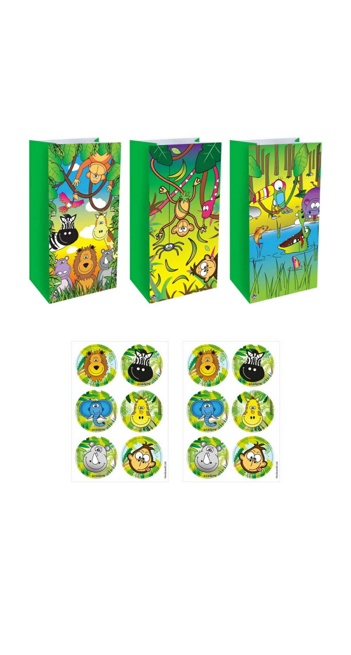 Jungle Animal Paper Party Bags with Stickers (3 Assorted Designs) - 12pk