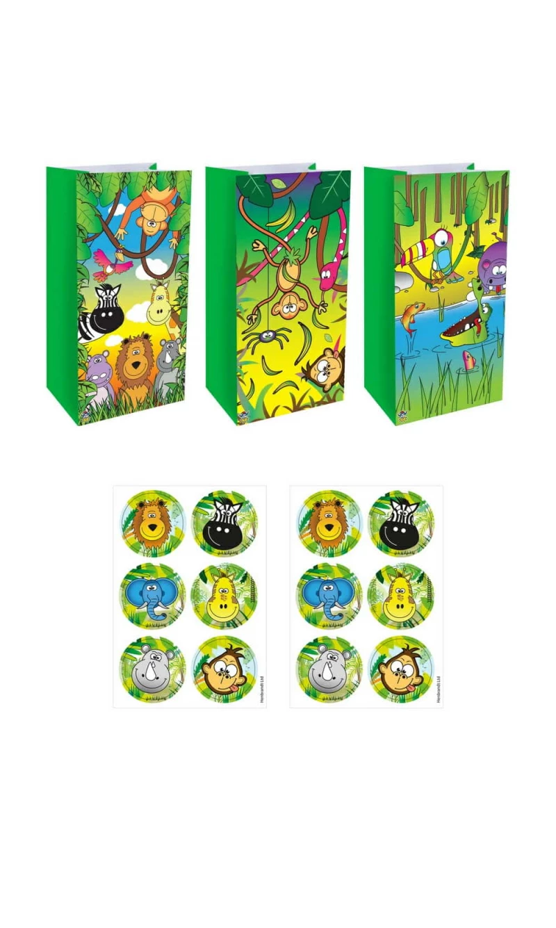 Jungle Animal Paper Party Bags with Stickers (3 Assorted Designs) - 12pk