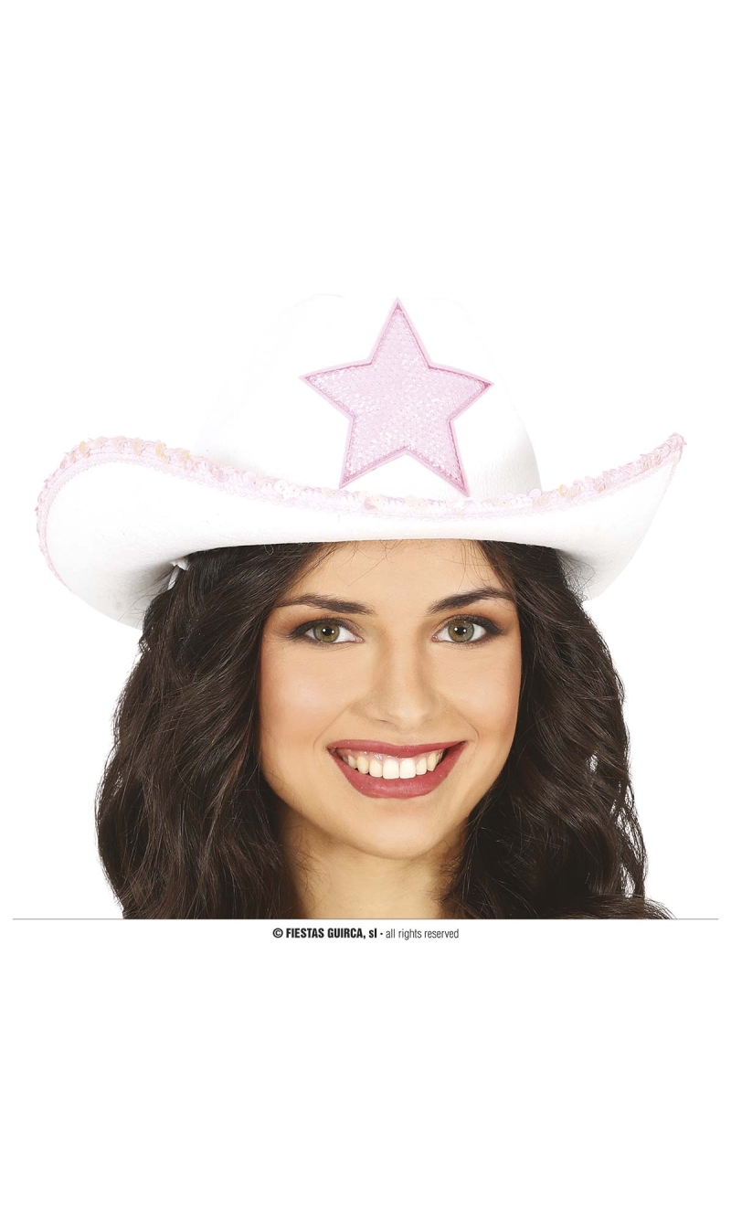 White & Pink Cowgirl / Cowboy Hat with Star - Adult One Size