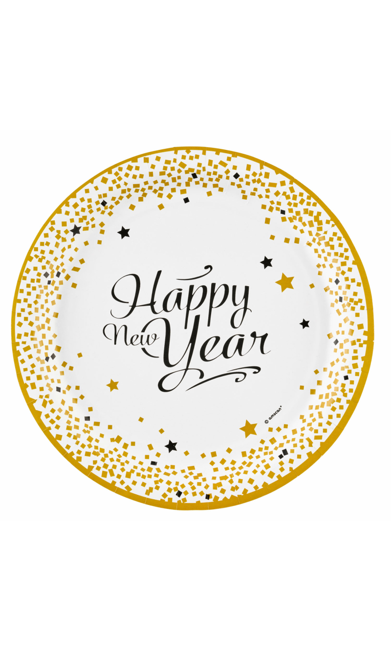 Happy New Year Golden Wishes Paper Plates 23cm - 8pk