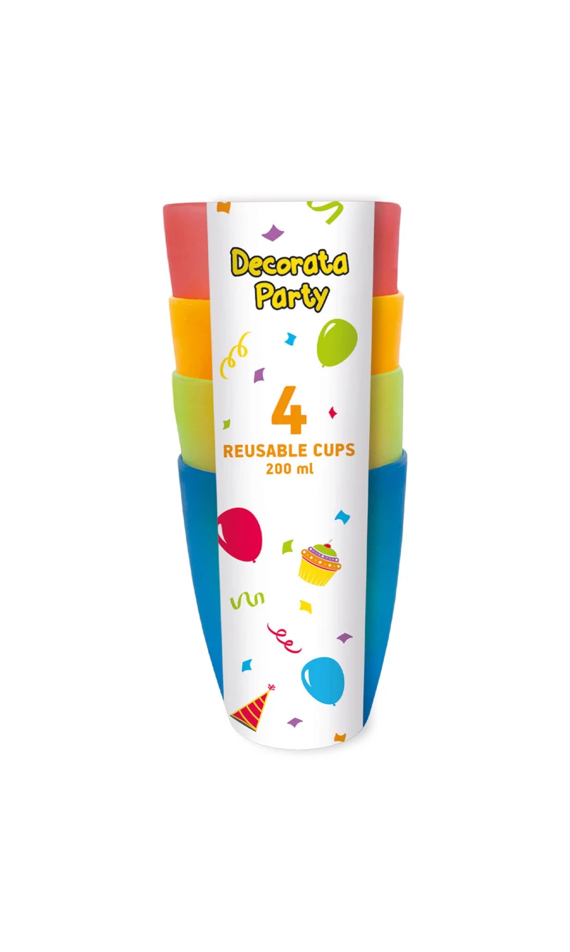 Rainbow Party Reusable Cups 220ml (4 Assorted Colors) - 4pk