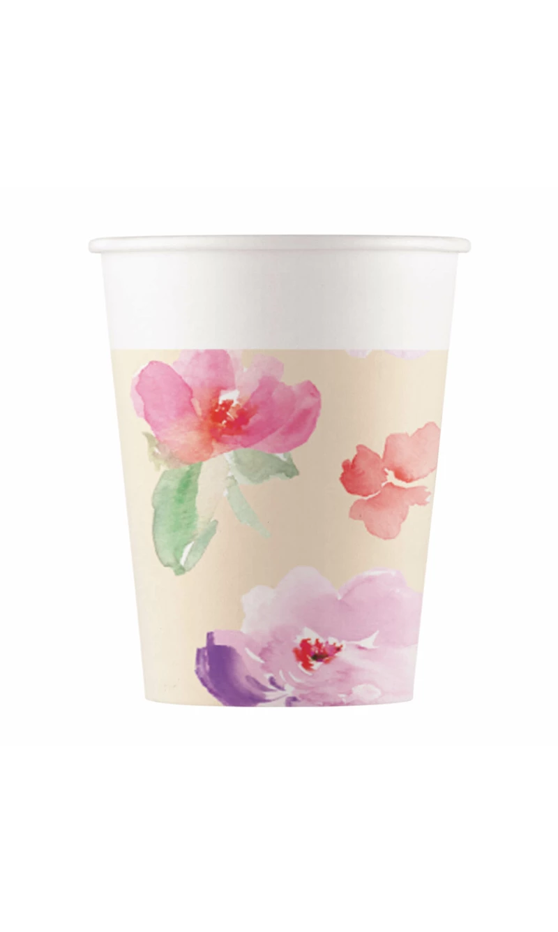 Watercolor Flowers Paper Cups 200ml - 8pk