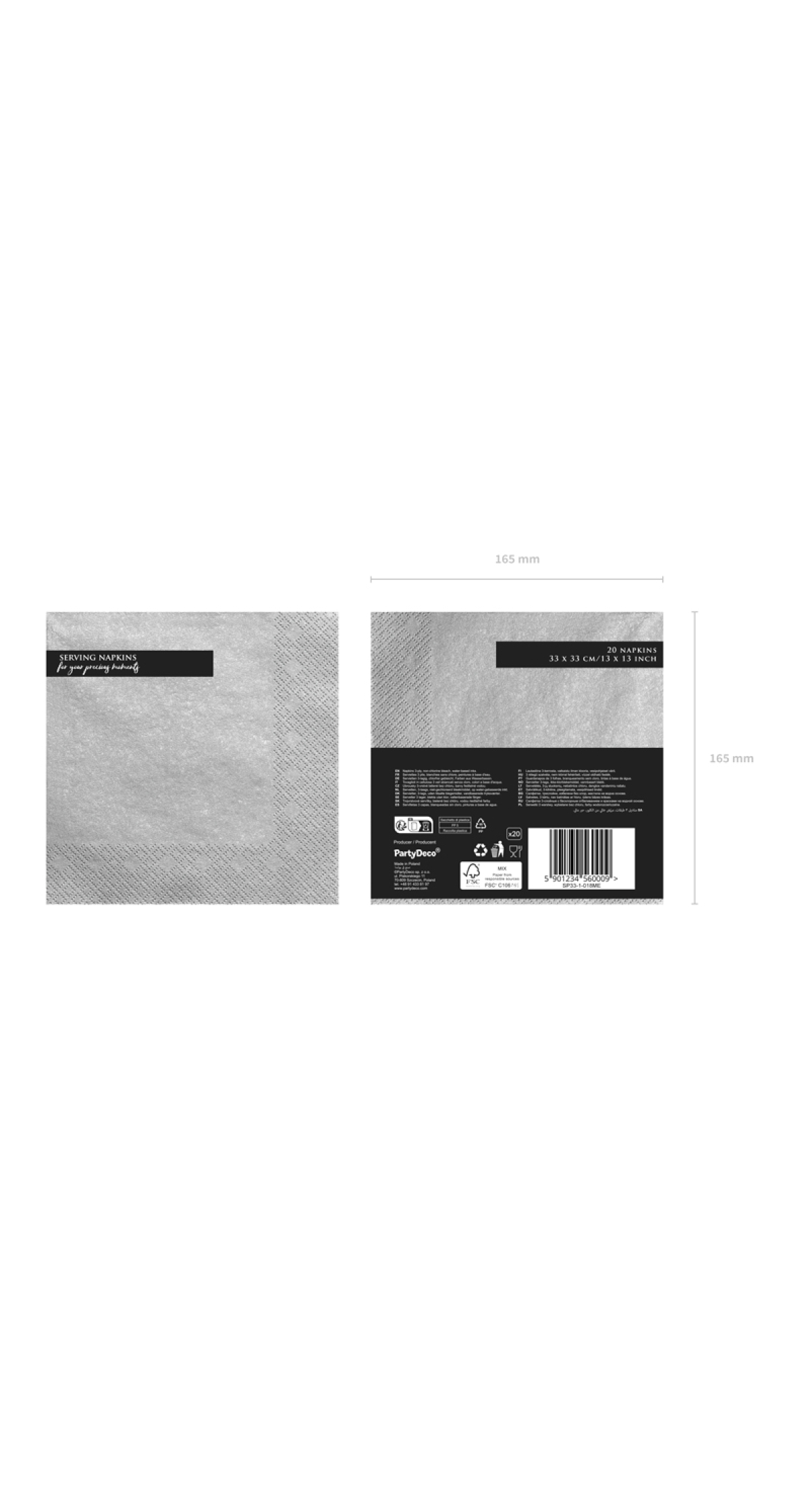 Napkins, 3 Layers, Silver Metallic, 33x33cm (1pkt / 20pc)