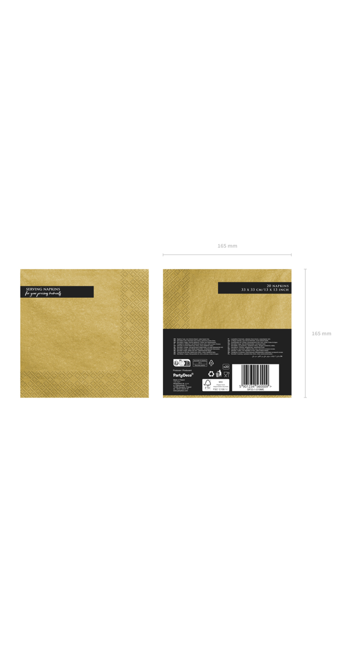 Napkins, 3 Layers, Gold Metallic, 33x33cm (1pkt / 20pc)