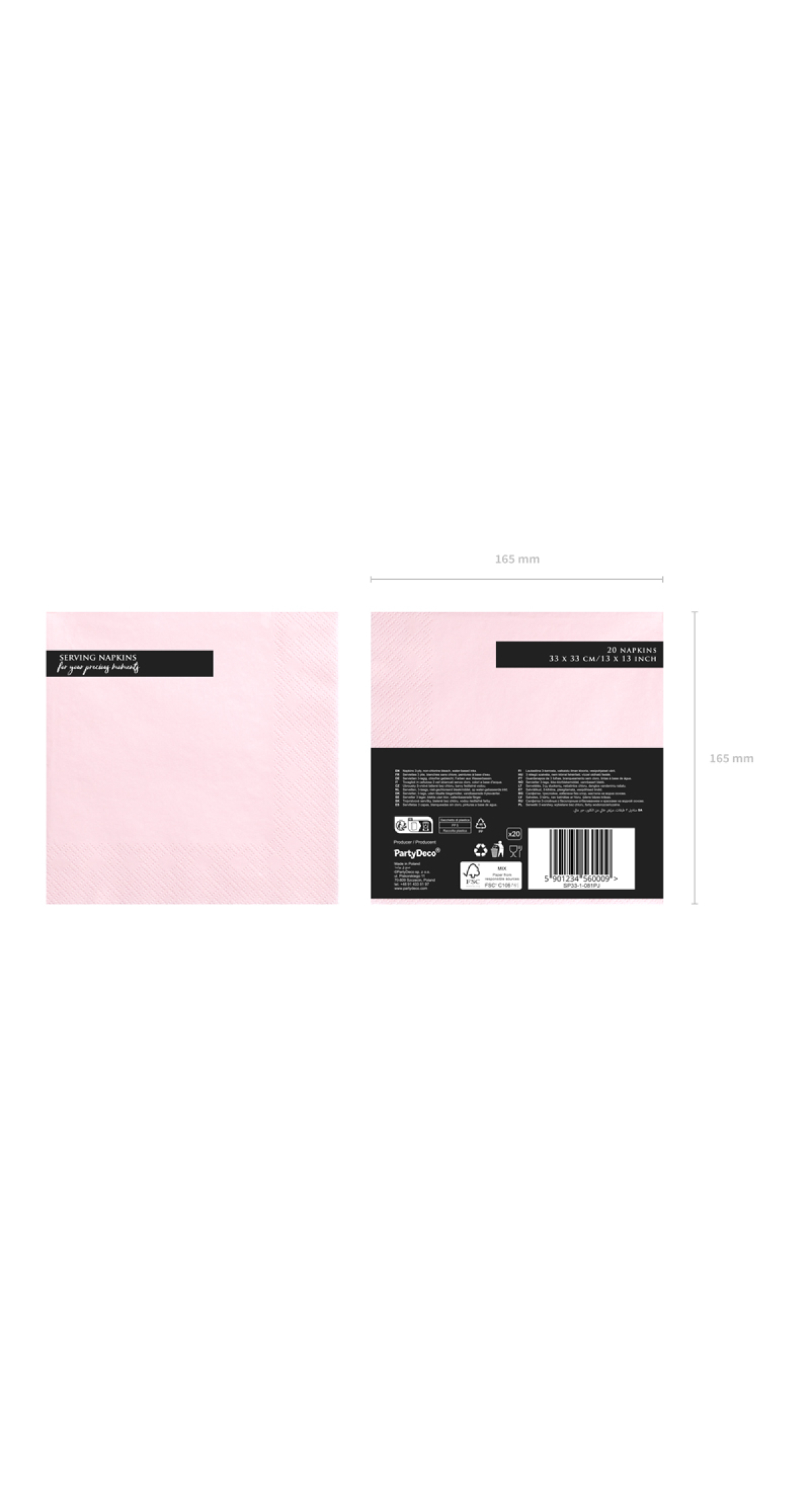 Napkins, 3 Layers, Light Powder Pink, 33x33cm (1pkt / 20pc)