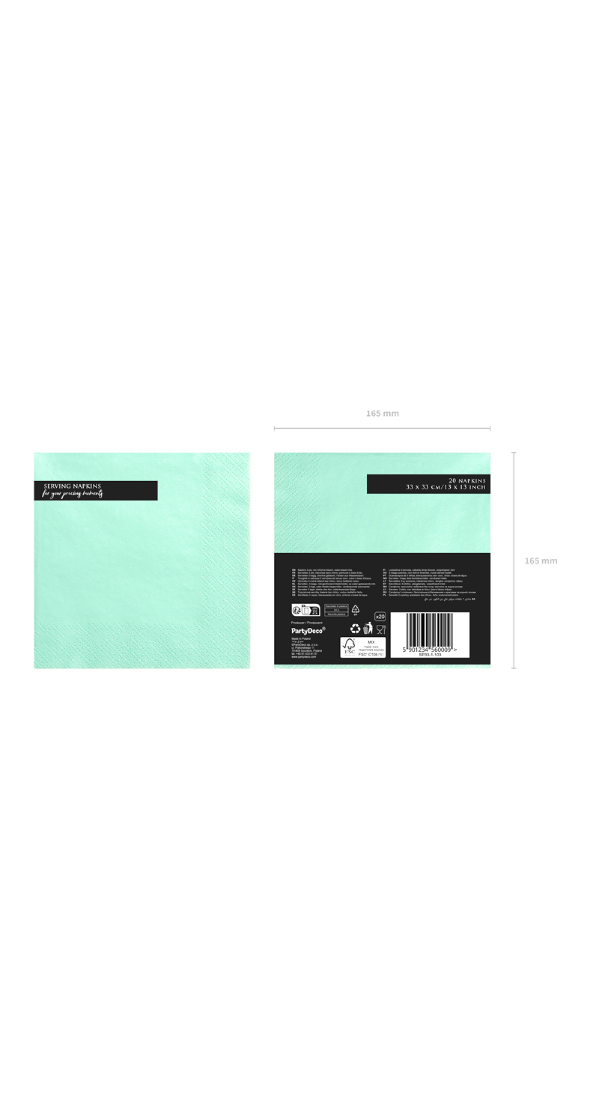 Napkins, 3 Layers, Mint, 33x33cm (1pkt / 20pc)