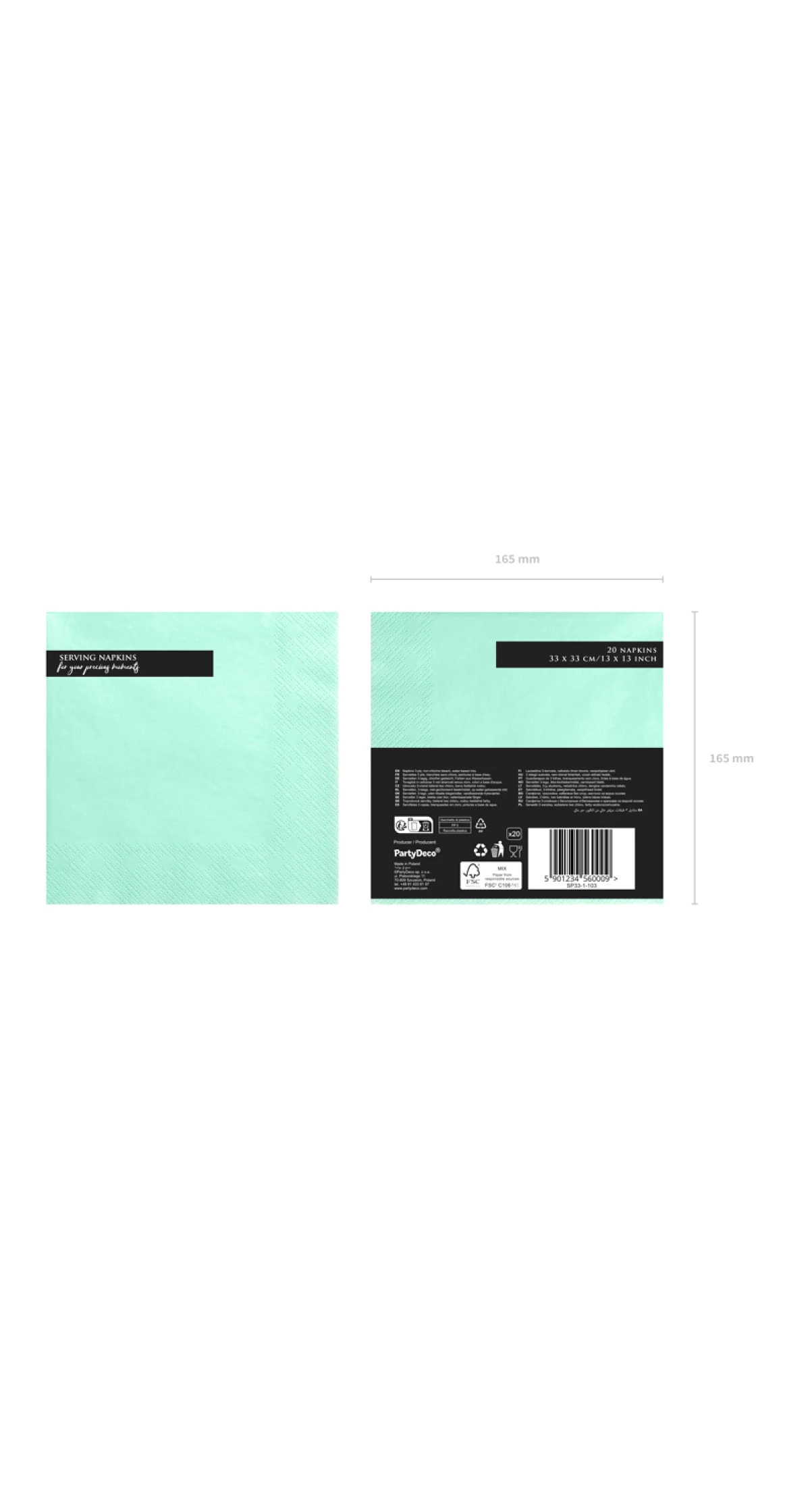 Napkins, 3 Layers, Mint, 33x33cm (1pkt / 20pc)