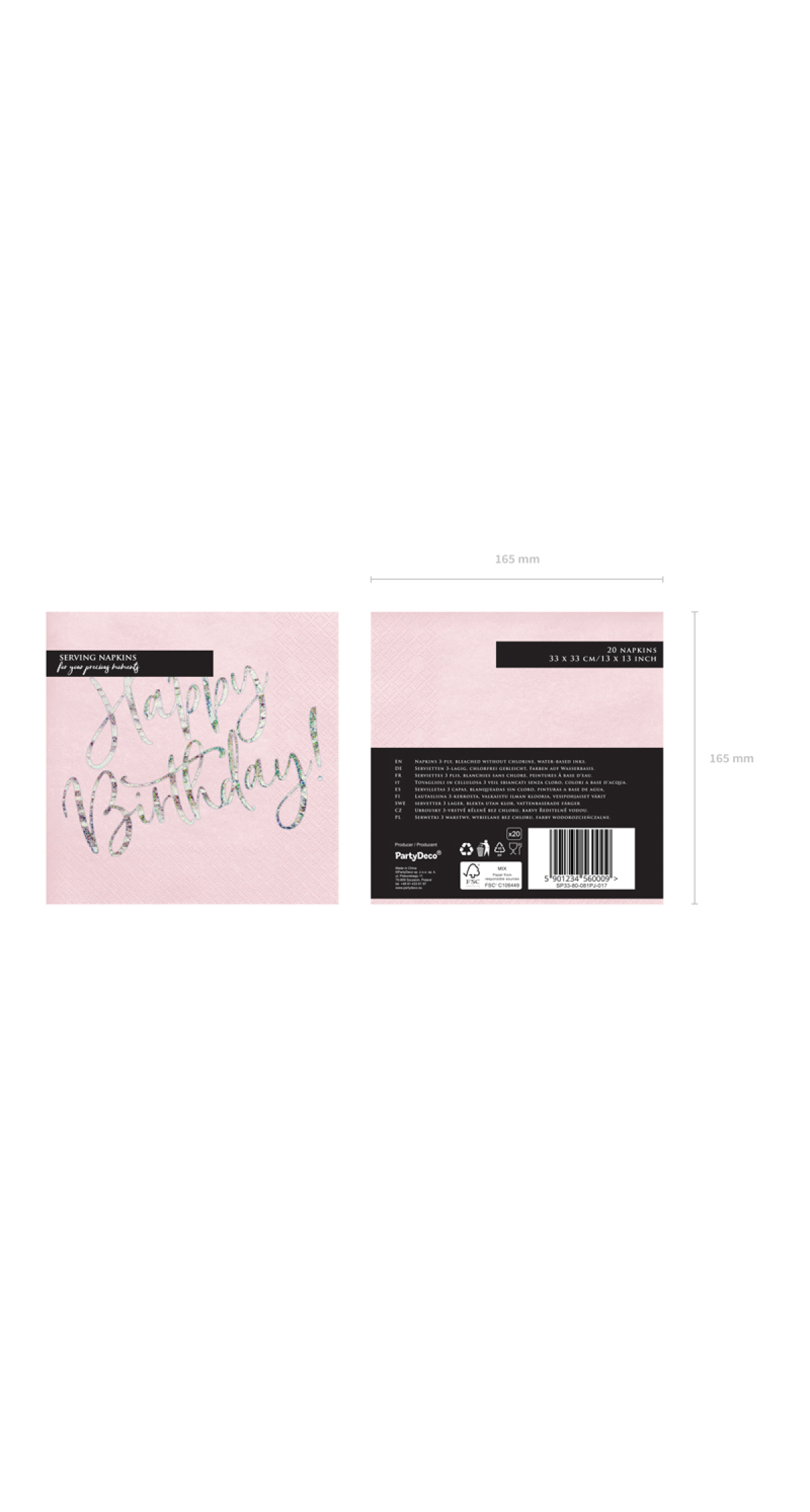 Napkins Happy Birthday, Light Powder Pink, 33x33cm (1pkt / 20pc)
