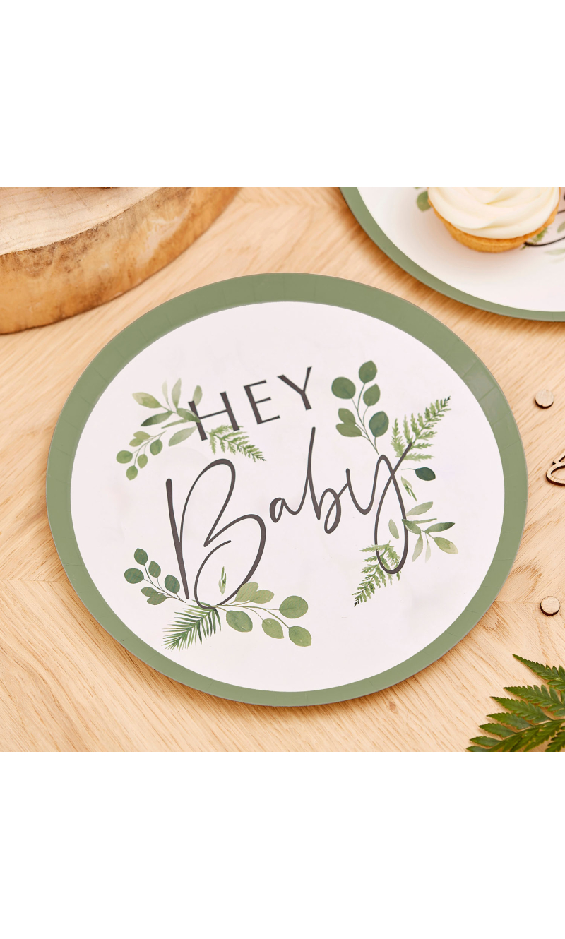 Botanical Hey Baby Shower 24cm Plates - 8pk