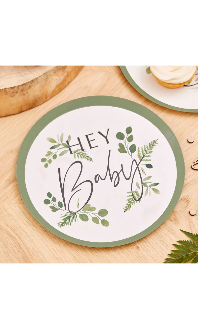 Botanical Hey Baby Shower 24cm Plates - 8pk
