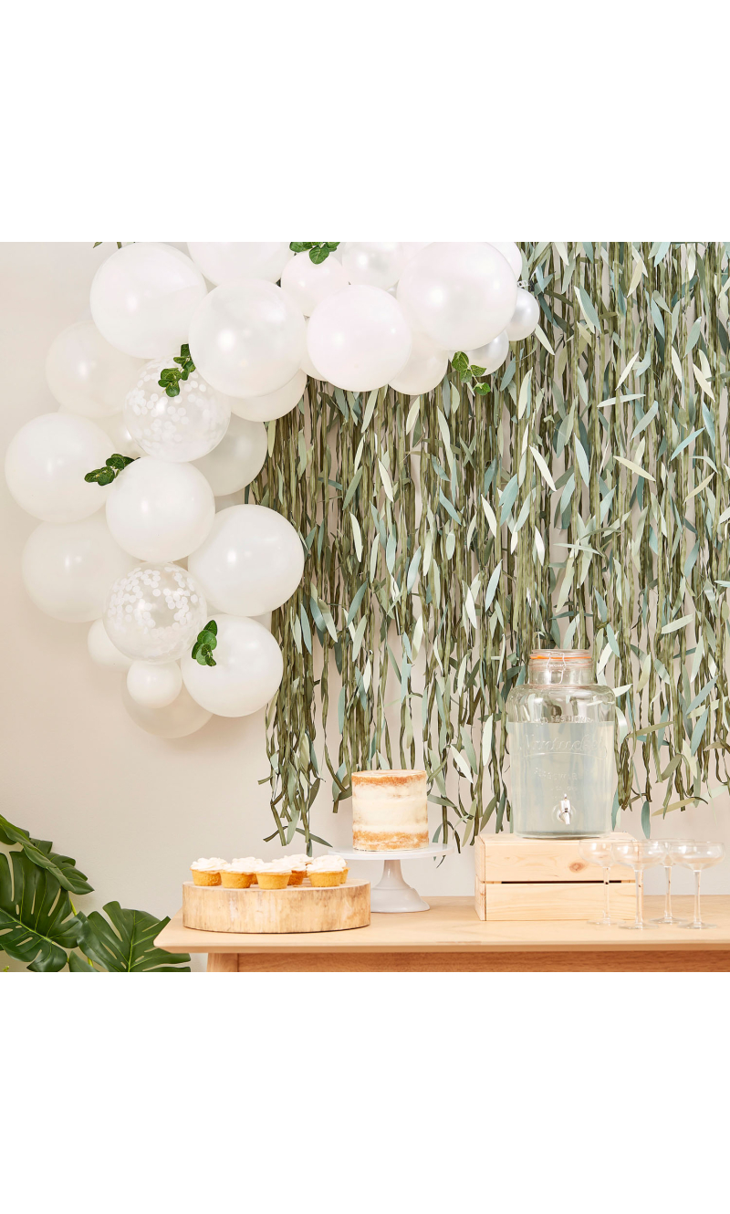 White Baby Shower Balloons Arch With Foliage