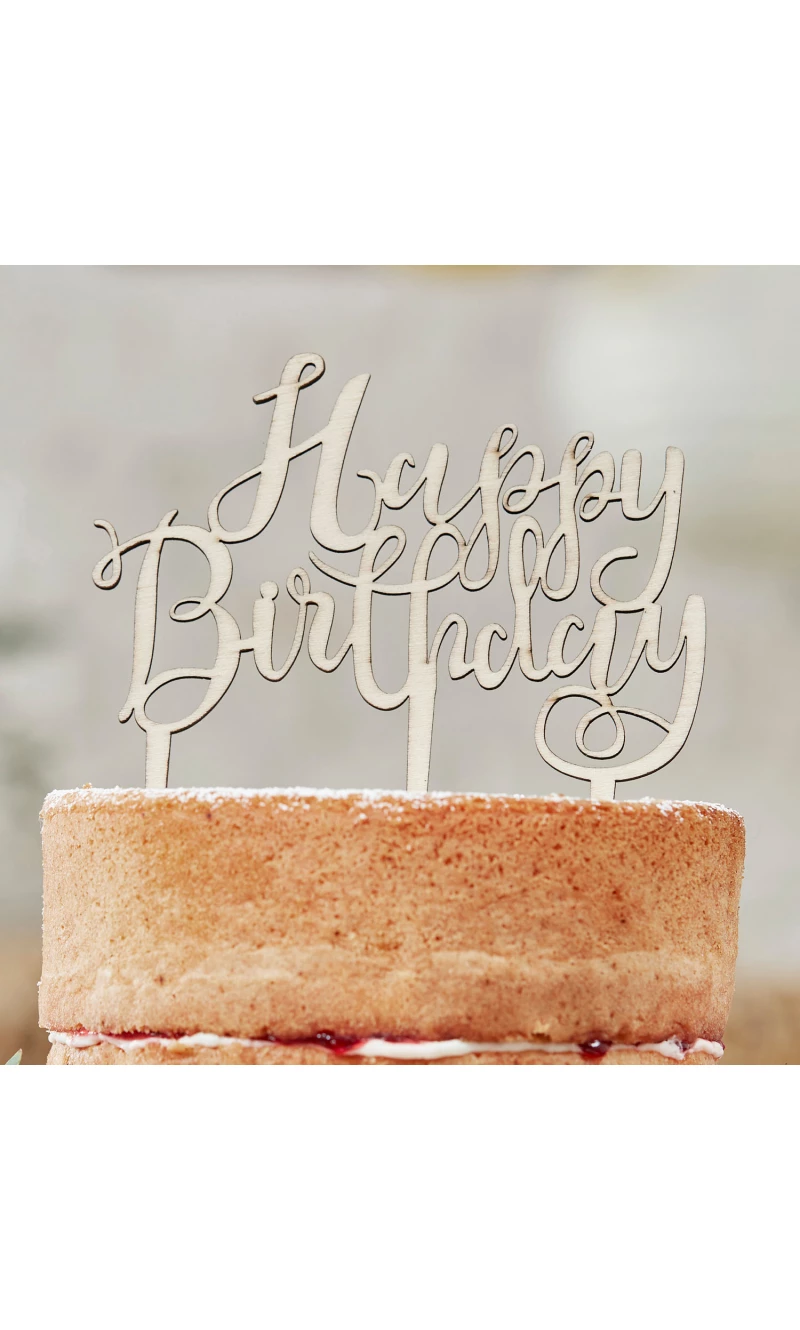 Wooden Happy Birthday Cake Topper - 12.5cm x 14cm