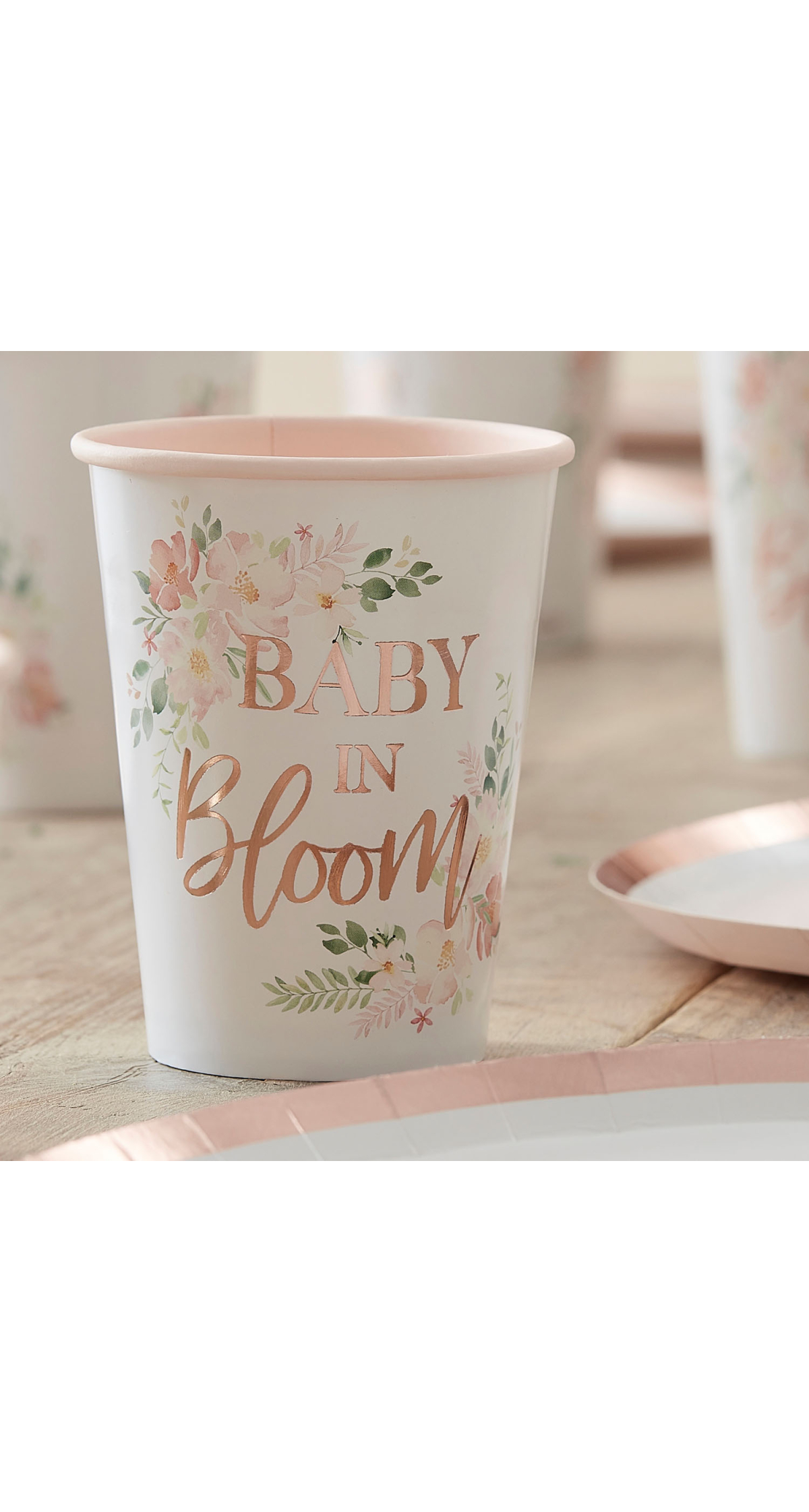 Rose Gold Floral Baby Shower Cups - 8pk