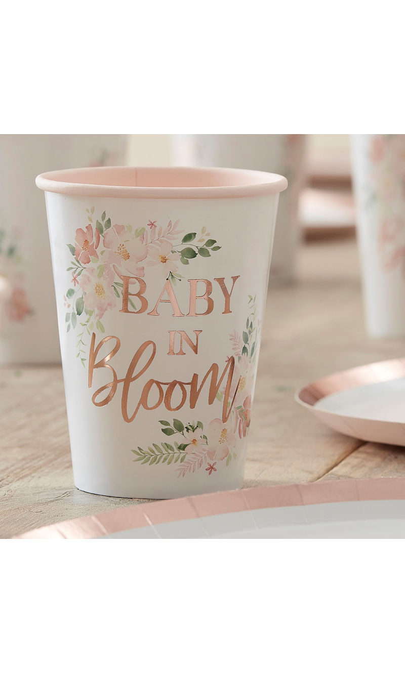 Rose Gold Floral Baby Shower Cups - 8pk