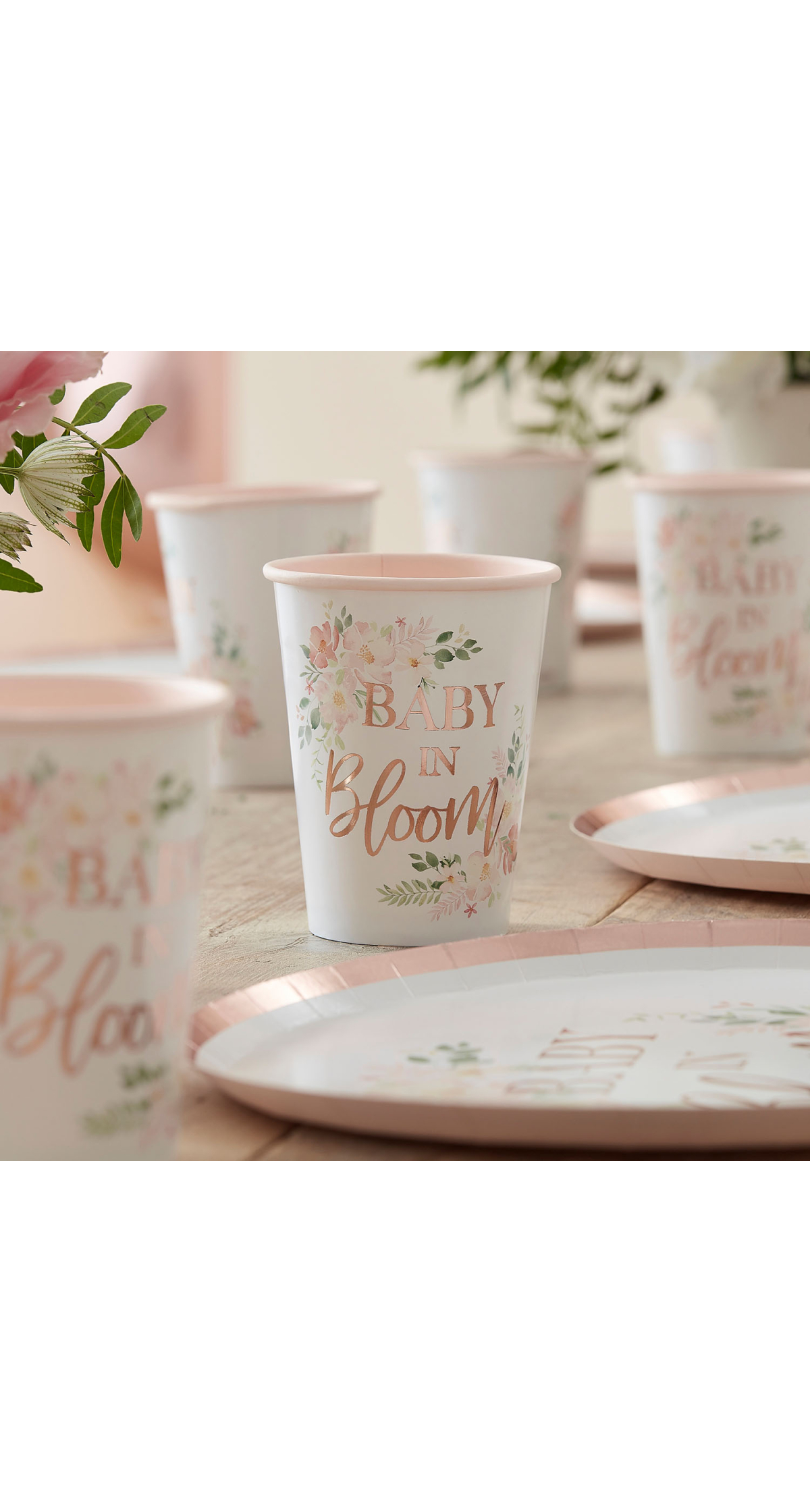 Rose Gold Floral Baby Shower Cups - 8pk