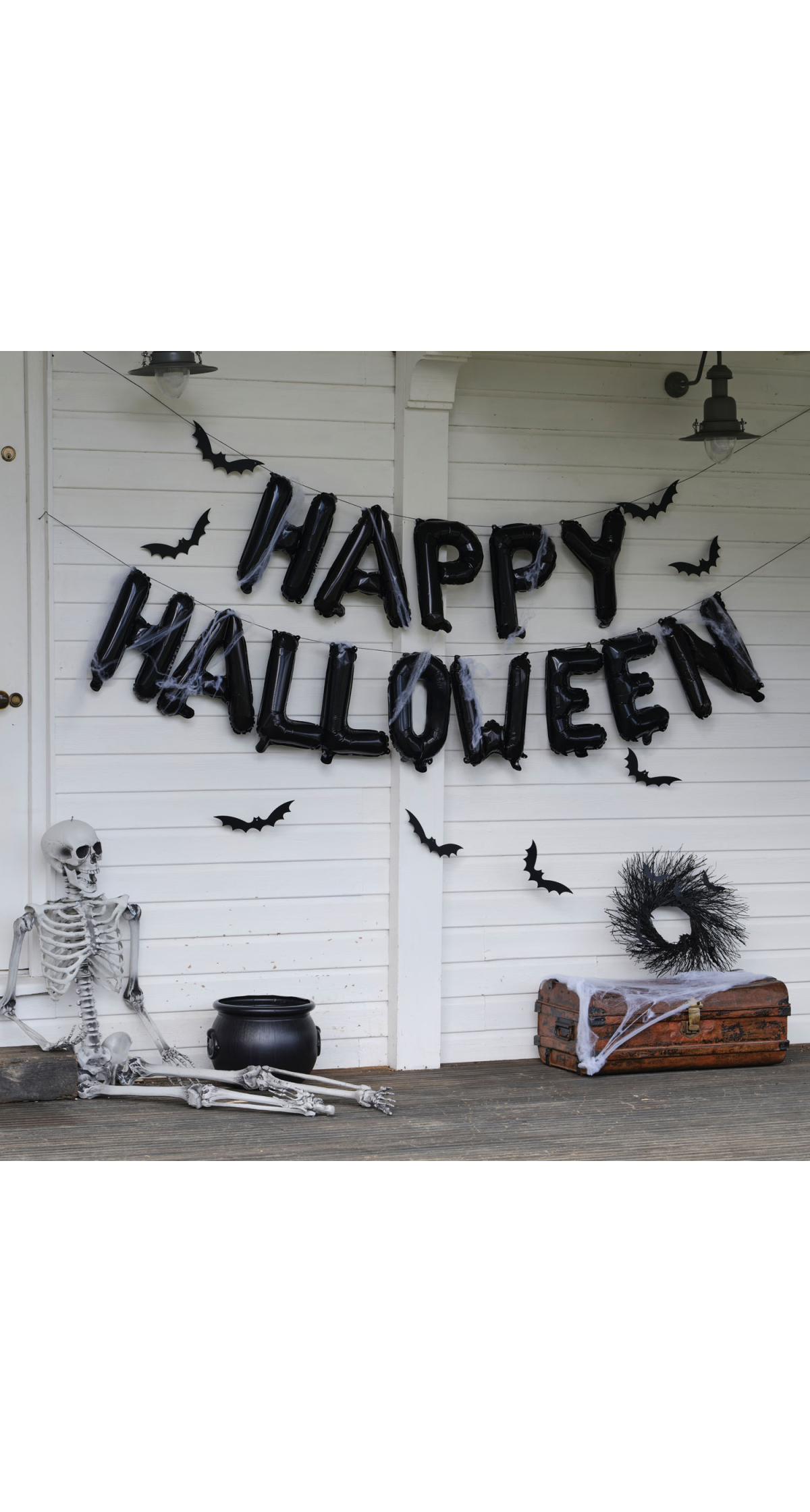 Happy Halloween Foil Balloon Bunting with Hanging Bats & Cobwebs