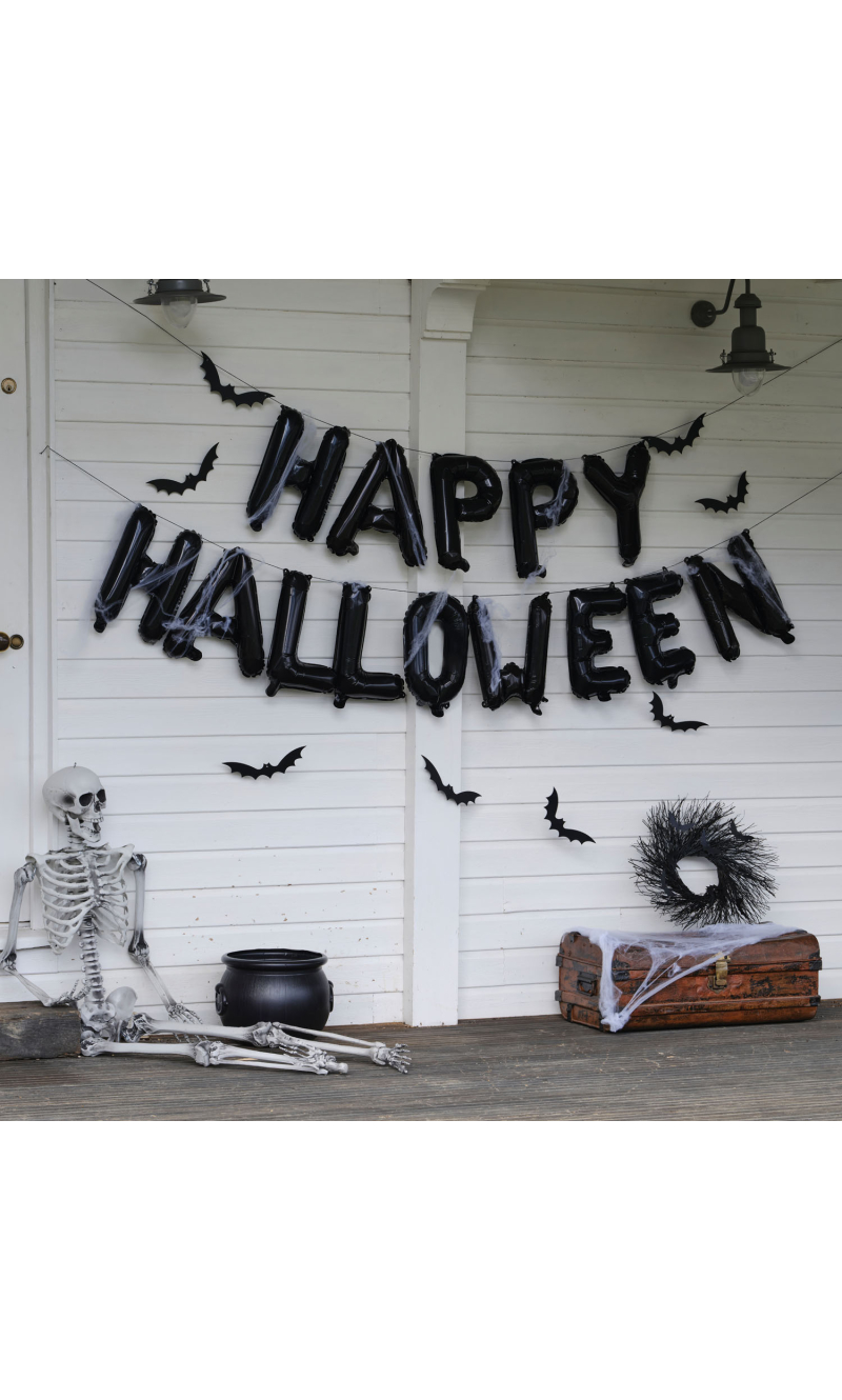 Happy Halloween Foil Balloon Bunting with Hanging Bats & Cobwebs