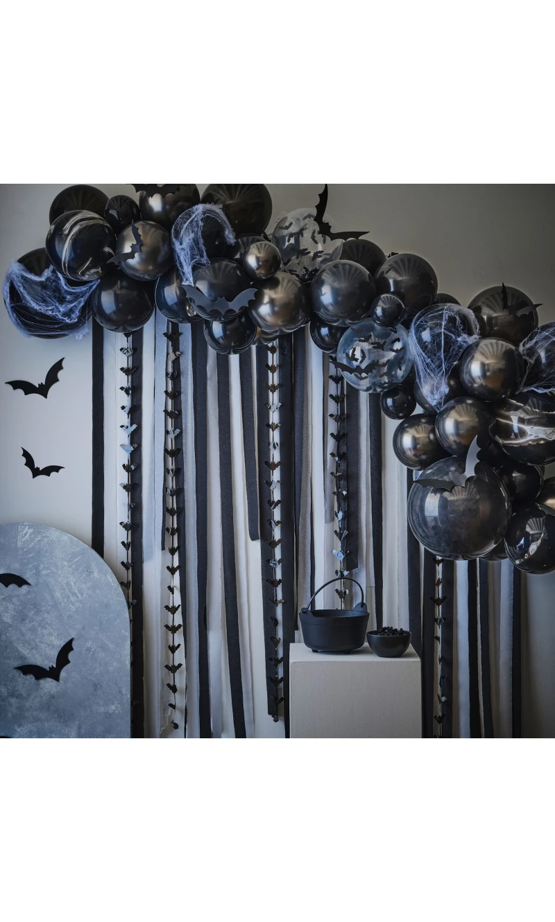 Halloween Balloon Arch Backdrop with Streamers, Cobwebs & Bats