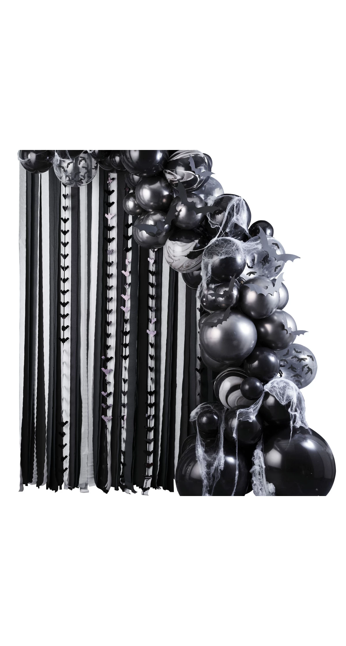 Halloween Balloon Arch Backdrop with Streamers, Cobwebs & Bats