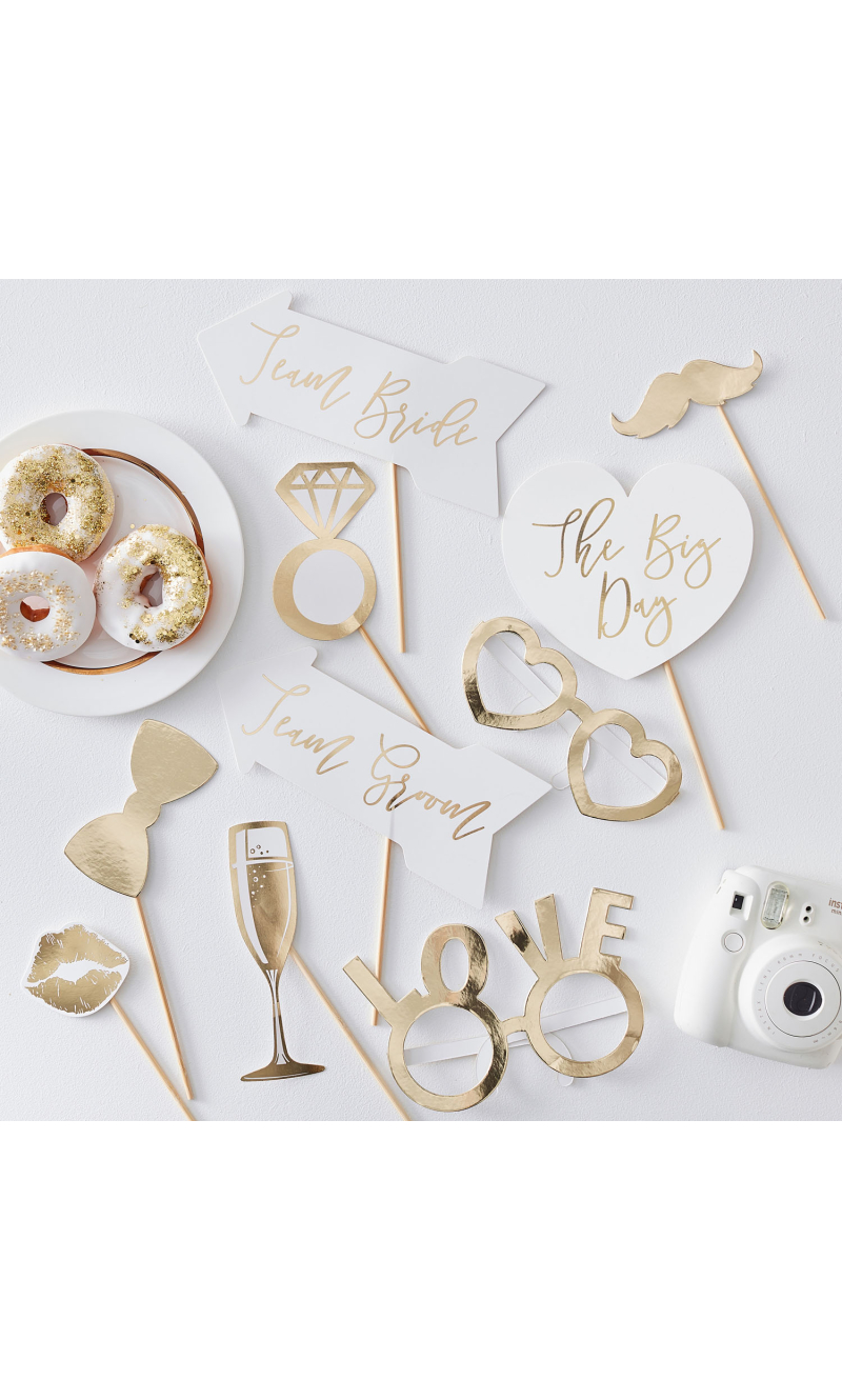 Gold Wedding Photo Booth Props - 10pk
